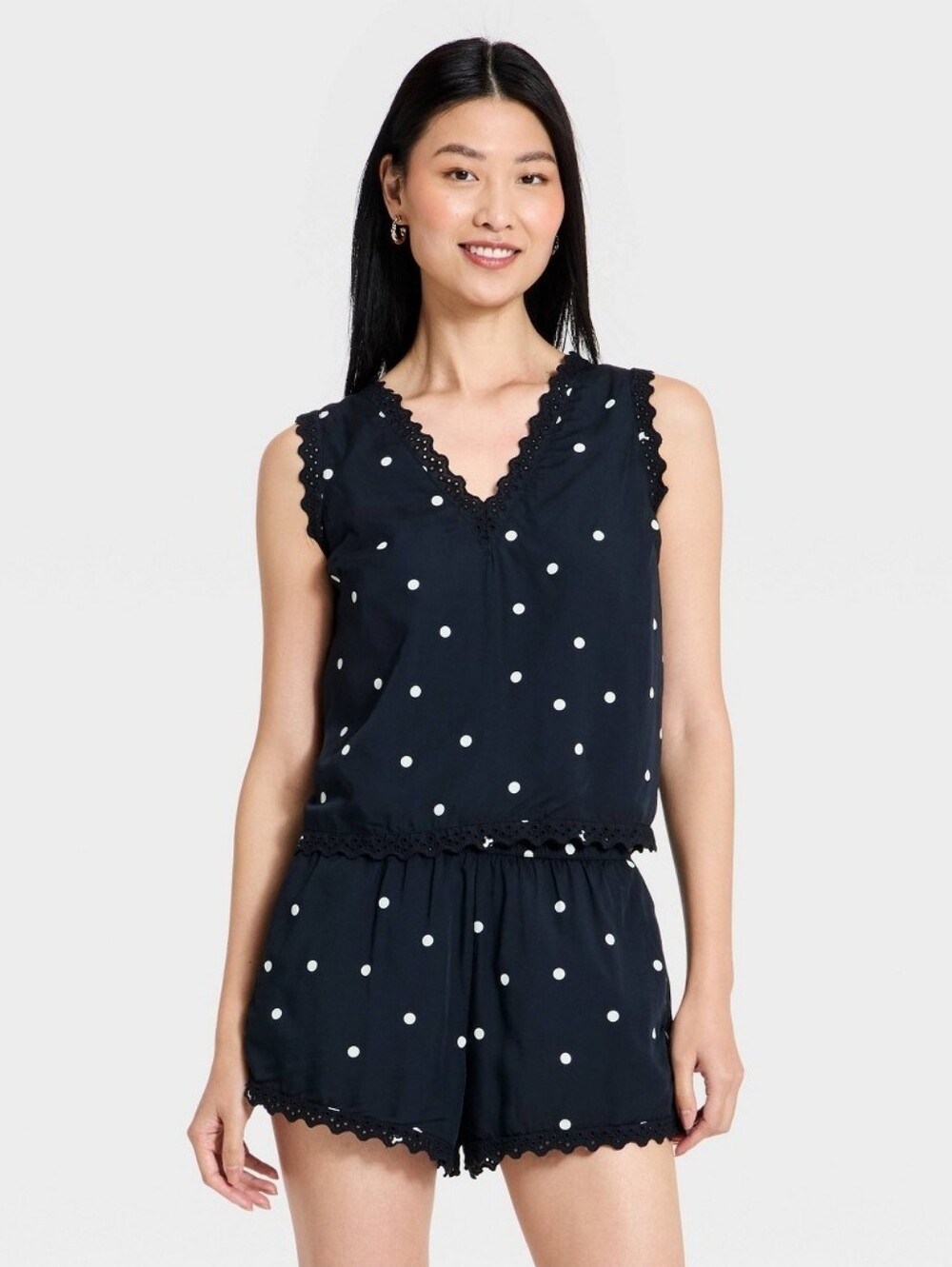 A New Day Woman's Lace Trim V-neck Polka Dot Tank Top ~ Black